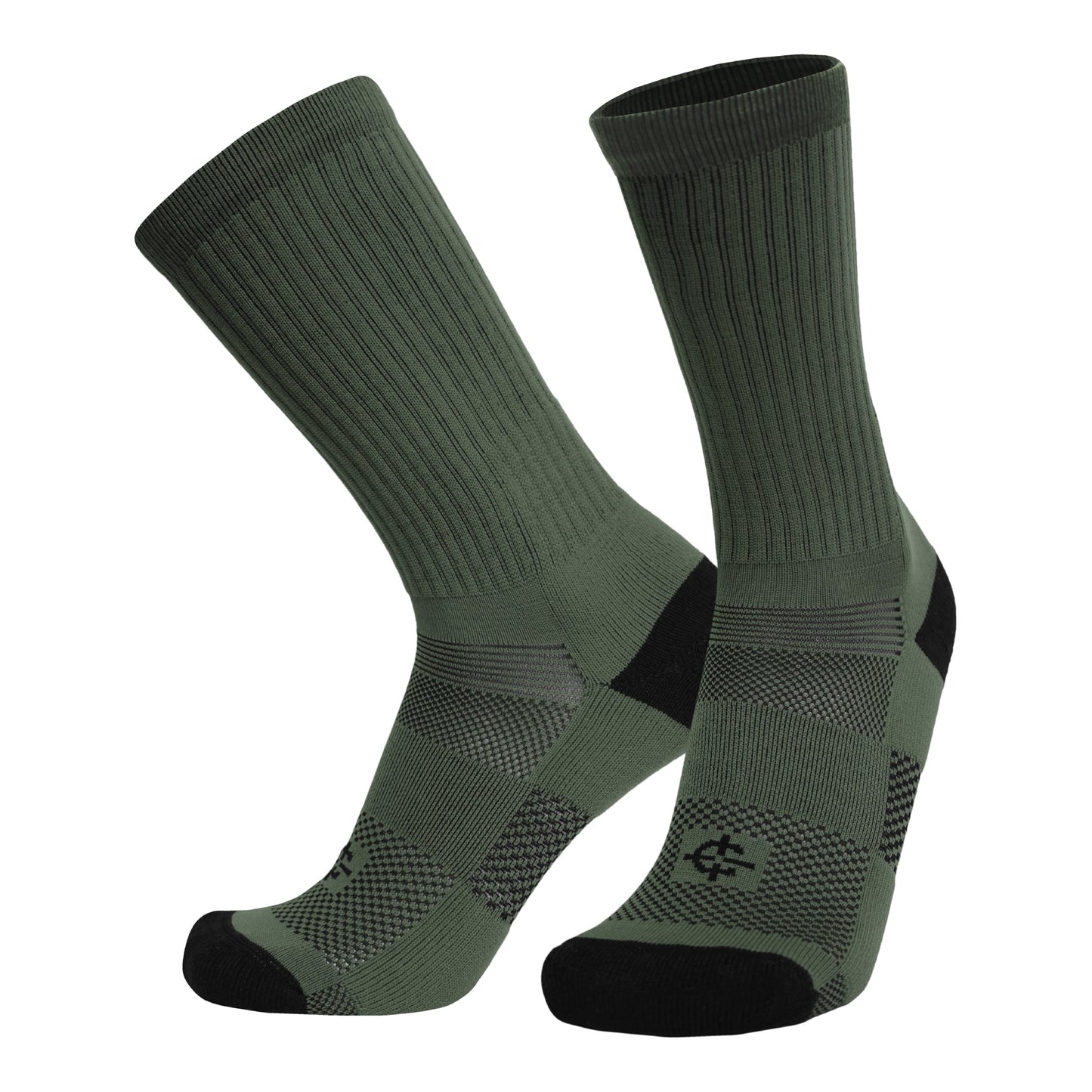 Two Jungle Sock crew socks in olive green with ribbed knit and black toes on Tampa Home & Garden Store