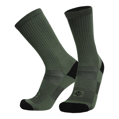Two Jungle Sock crew socks in olive green with ribbed knit and black toes on Tampa Home & Garden Store