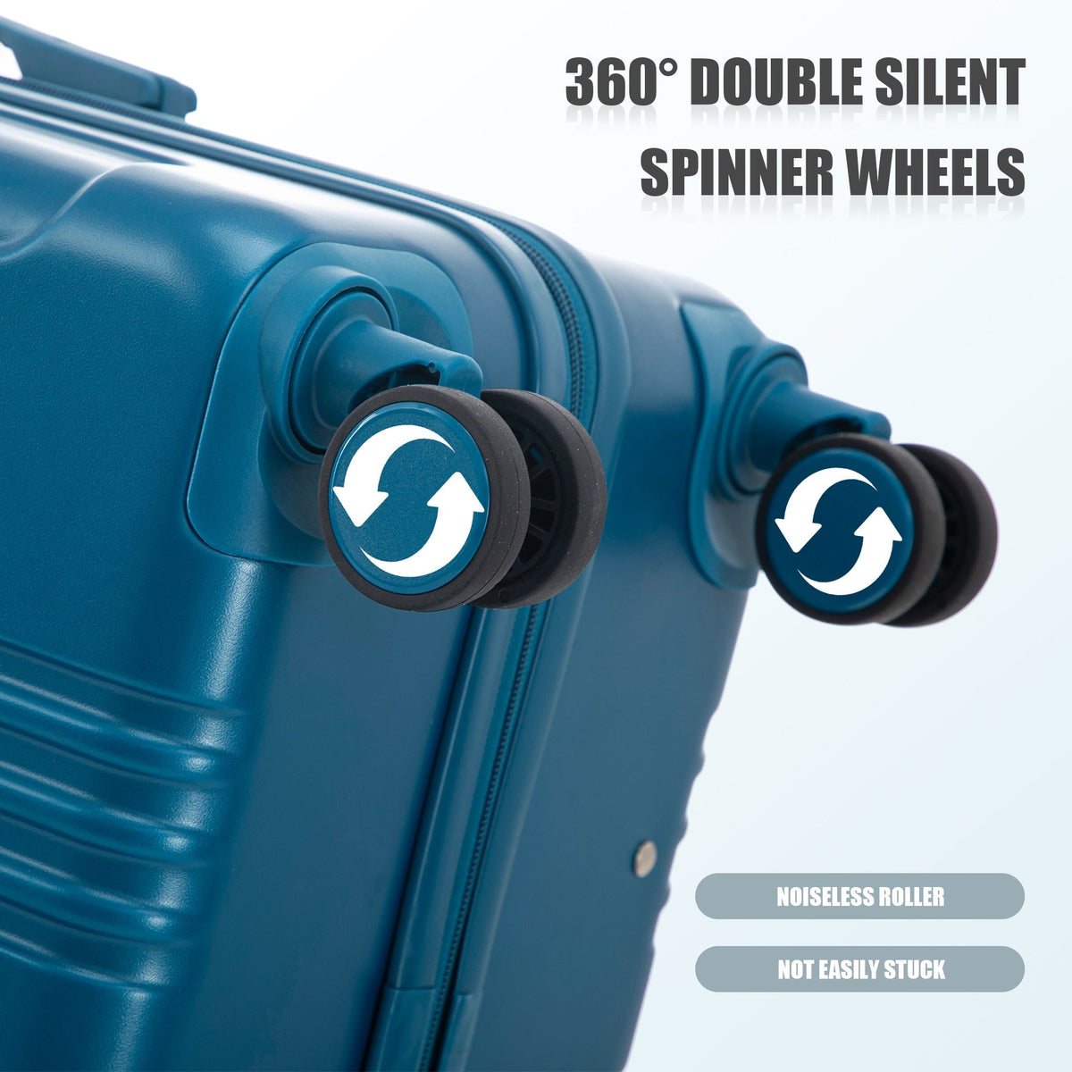 3-Piece ABS Spinner Wheel Luggage Set 20/24/28 Dark Blue close-up of wheels on blue luggage on Tampa Home & Garden Store