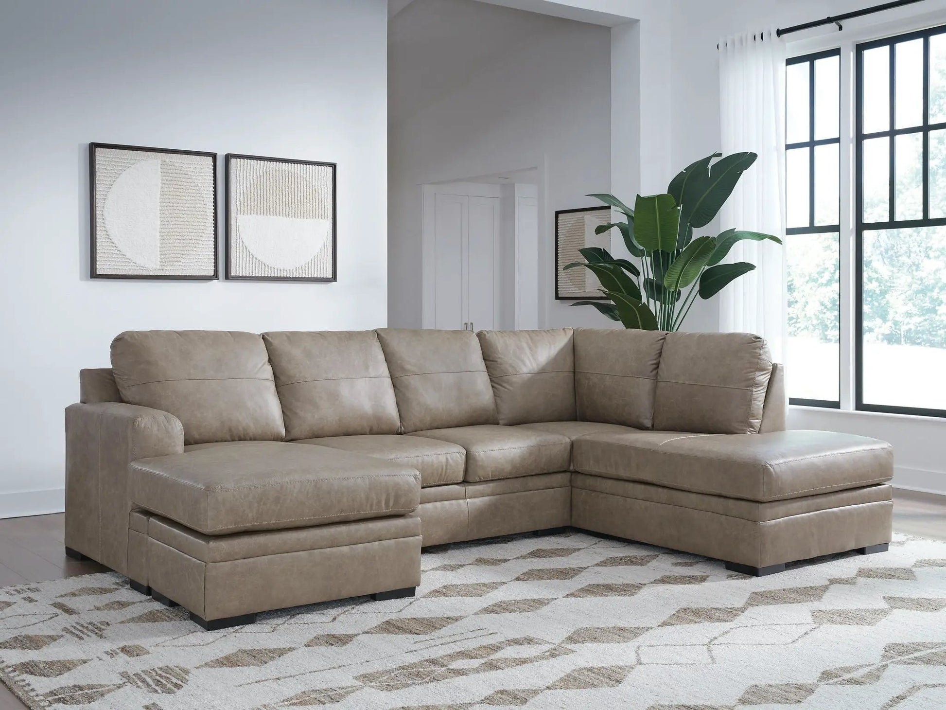 Amuleto Stationary Sectional by Unique Piece Furniture in taupe faux leather on Tampa Home & Garden Store