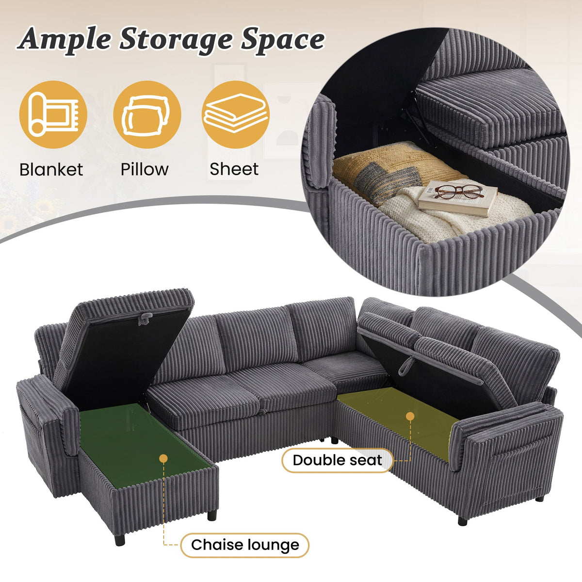 Convertible U-Shaped Sectional Sofa Bed in gray corduroy with chaise lounge and storage HouseOfZazla on Tampa Home & Garden Store