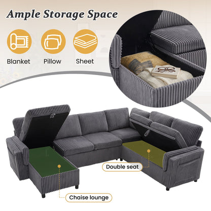 Convertible U-Shaped Sectional Sofa Bed in gray corduroy with chaise lounge and storage HouseOfZazla on Tampa Home & Garden Store