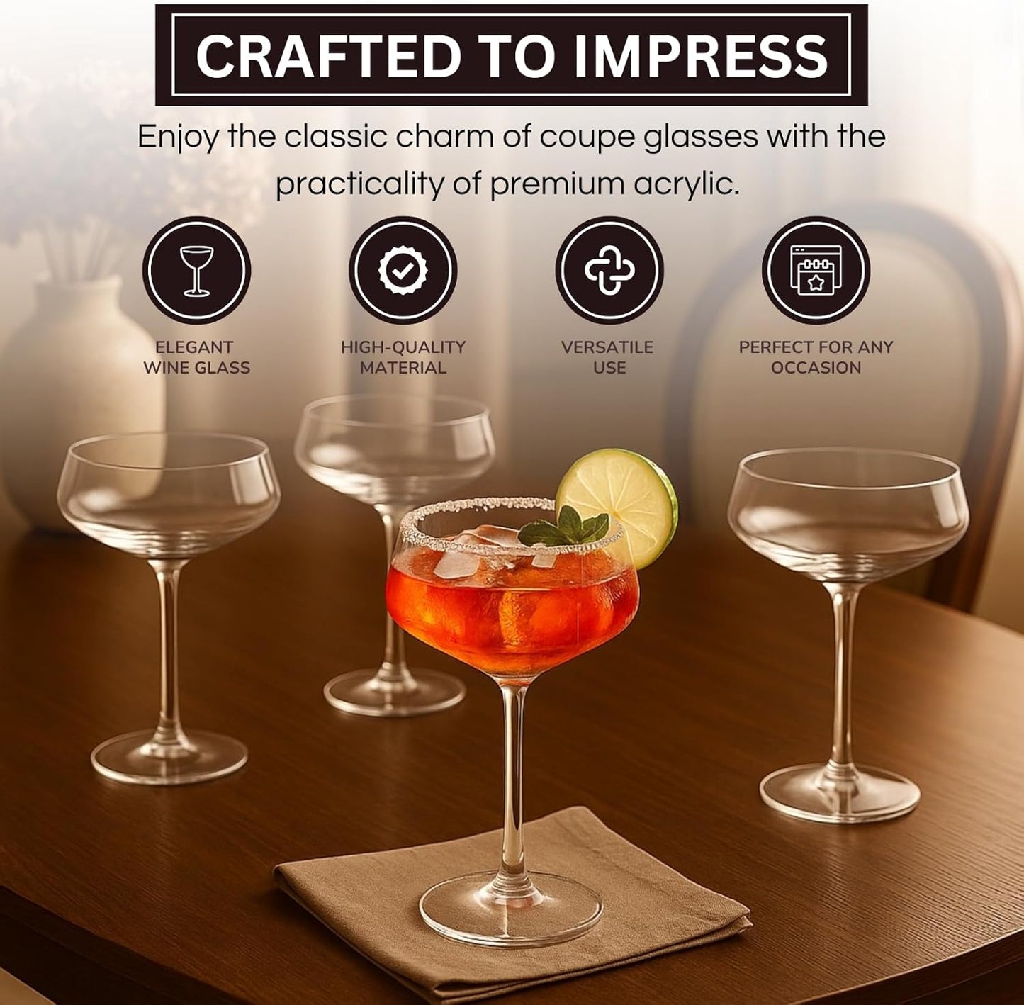 Set of 4 Clear Acrylic Coupe Cocktail Glasses