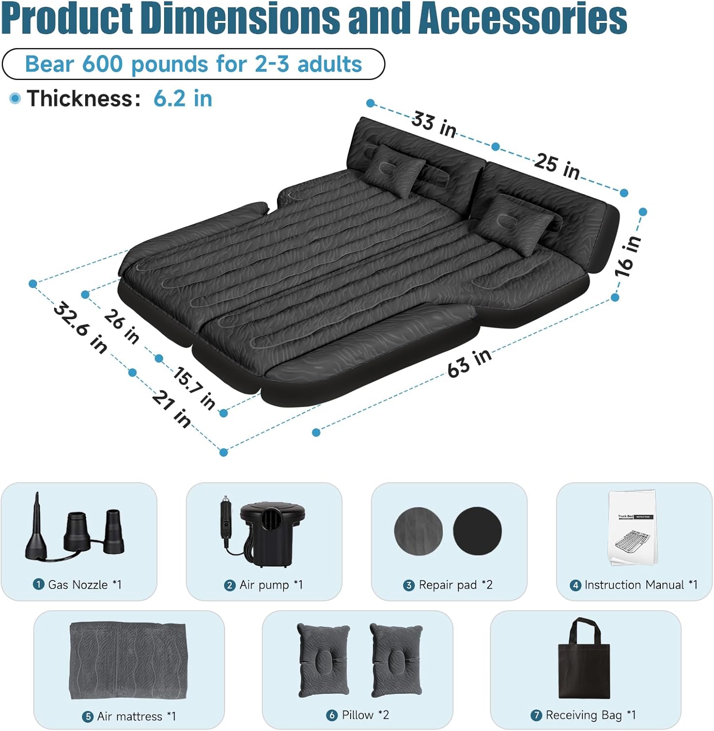 Dikasun Outdoor SUV mattress 63in extended, black with pump and 2 pillows on Tampa Home & Garden Store