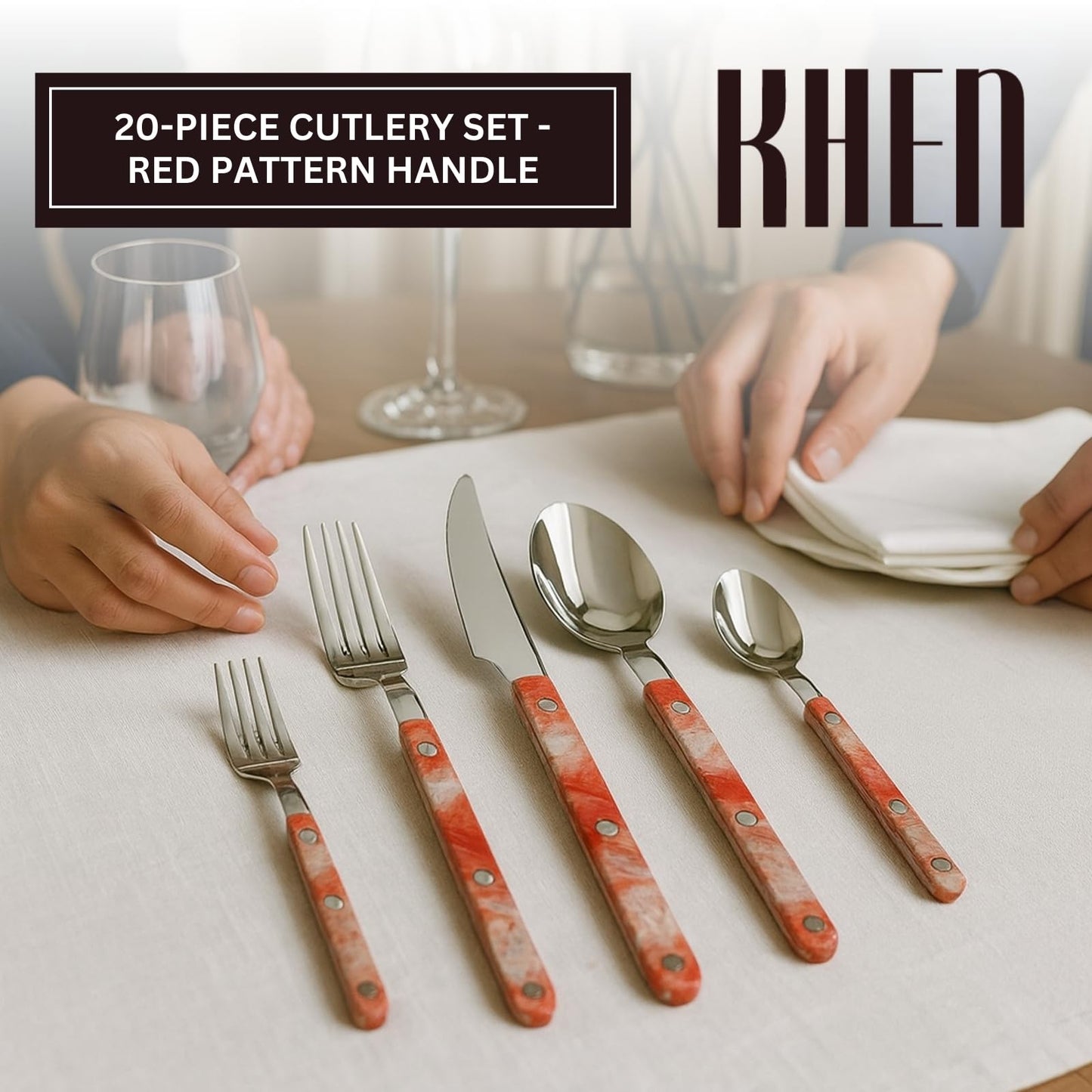 20 Piece Stainless Steel Cutlery Set Red Pattern