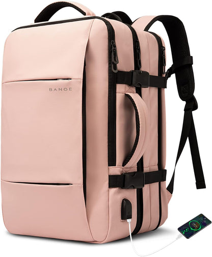 BANGE expandable travel backpack 26–45L pink laptop backpack with USB port and front pocket on Tampa Home & Garden Store