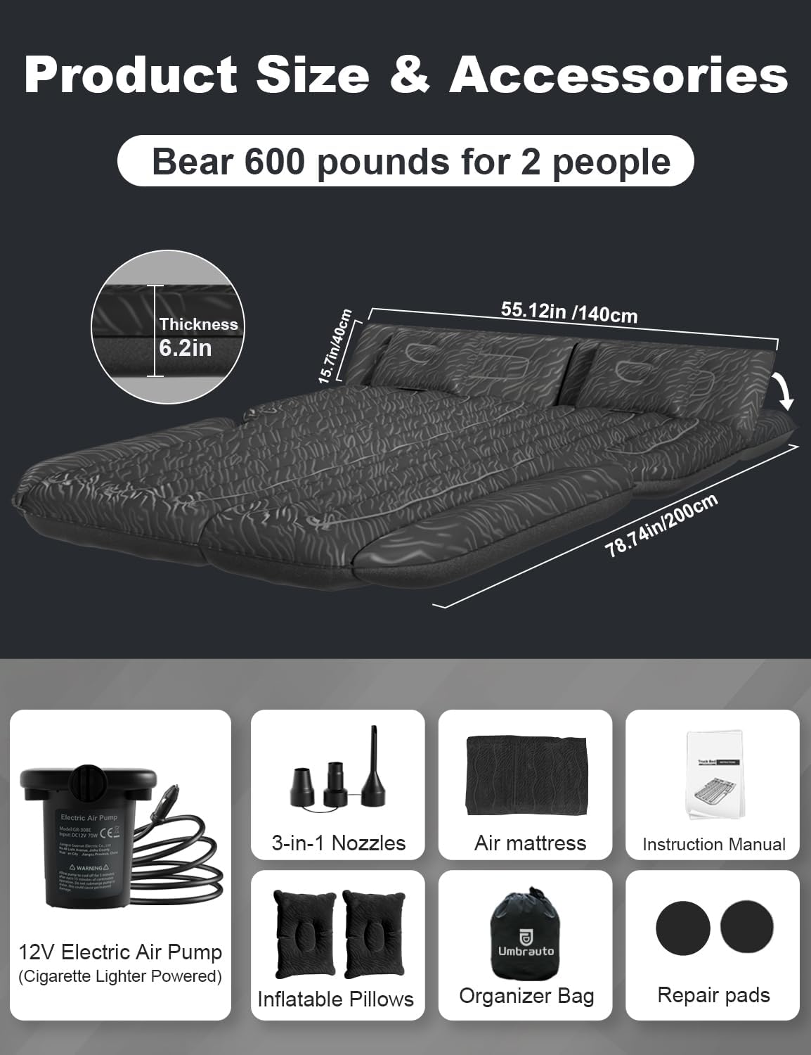 Umbrauto 63in Extended SUV Air Mattress in black with built-in pump and 2 pillows on Tampa Home & Garden Store
