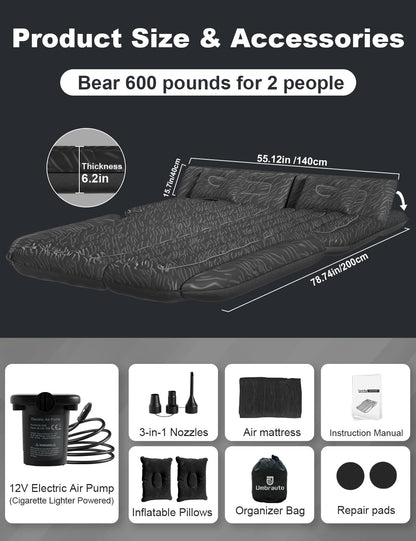 Umbrauto 63in Extended SUV Air Mattress in black with built-in pump and 2 pillows on Tampa Home & Garden Store