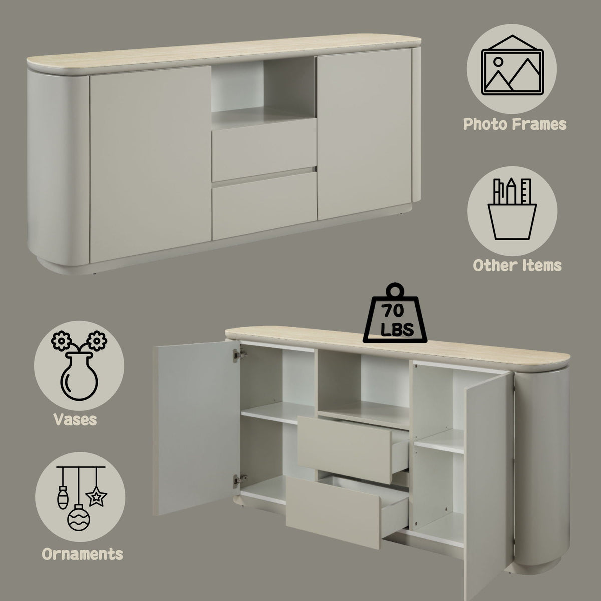 Ingram Ceramic Top Server in light gray with wood top by HouseOfZazla cake server cabinet on Tampa Home & Garden Store