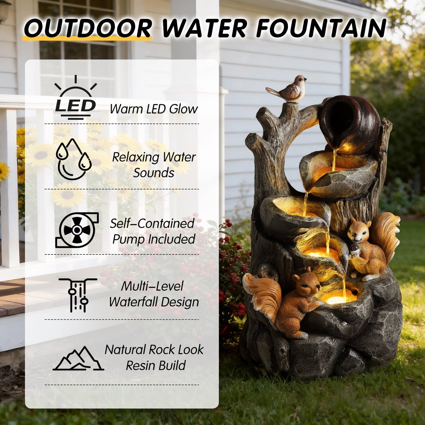 Squirrel Outdoor Water Fountain with Lights HouseOfZazla; natural rock resin, pump included on Tampa Home & Garden Store