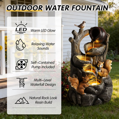 Squirrel Outdoor Water Fountain with Lights HouseOfZazla; natural rock resin, pump included on Tampa Home & Garden Store
