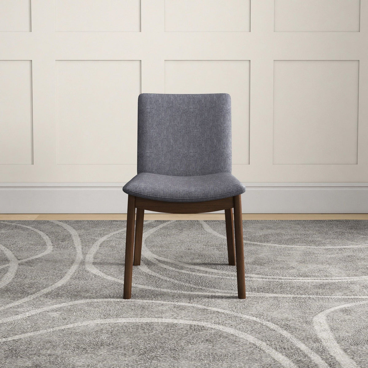 Mid-century modern dining chair in gray fabric upholstery with solid wood legs on Tampa Home & Garden Store