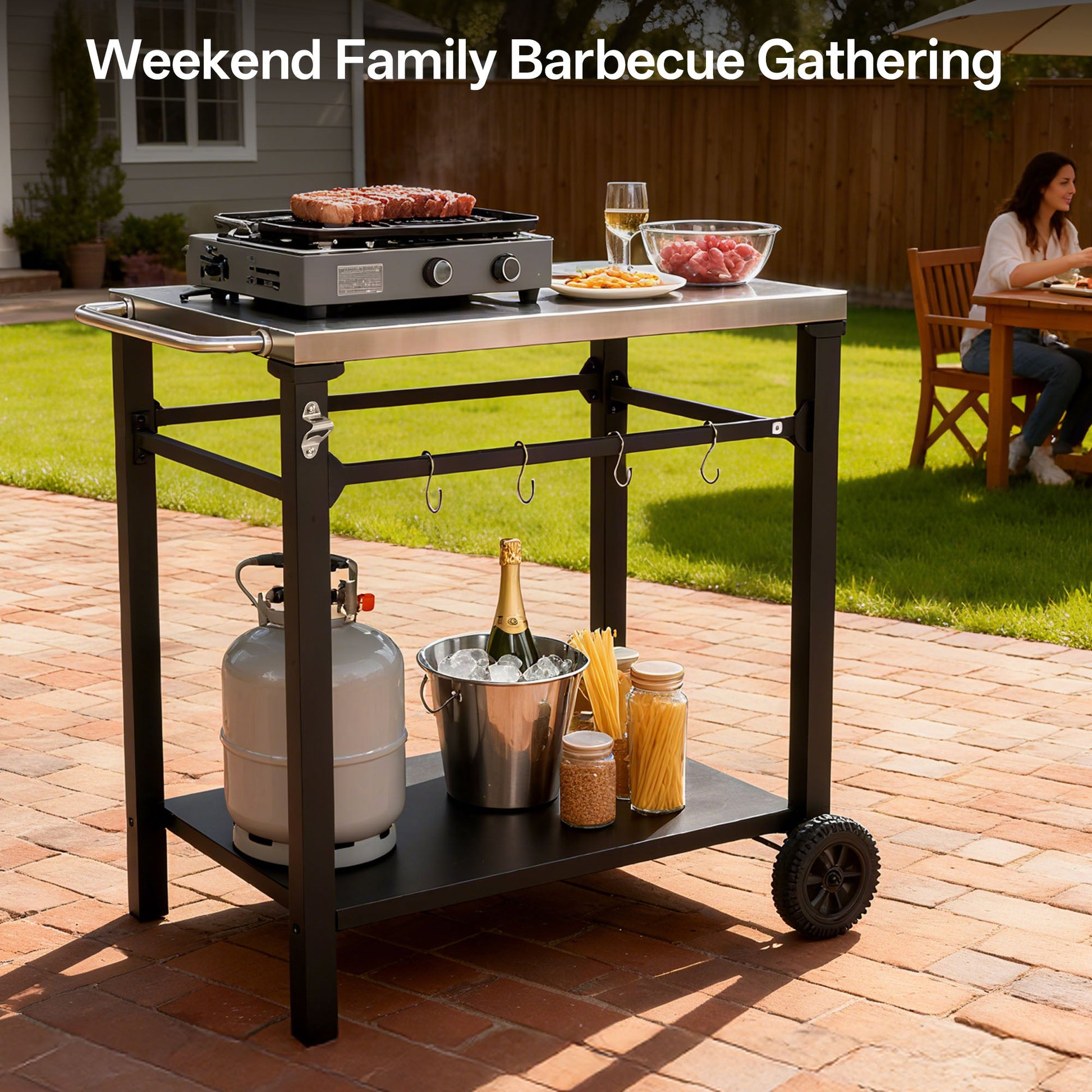 2-Tier Outdoor Grill Cart by HouseOfZazla with black metal frame and propane tank on Tampa Home & Garden Store