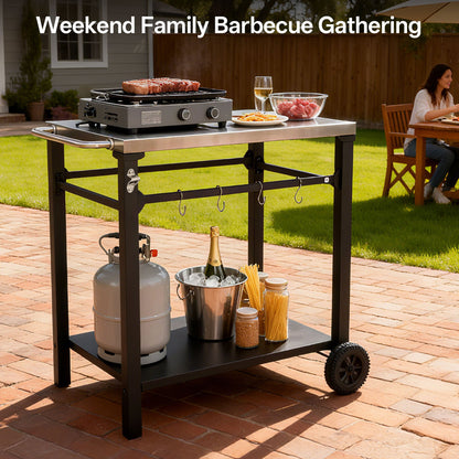 2-Tier Outdoor Grill Cart by HouseOfZazla with black metal frame and propane tank on Tampa Home & Garden Store