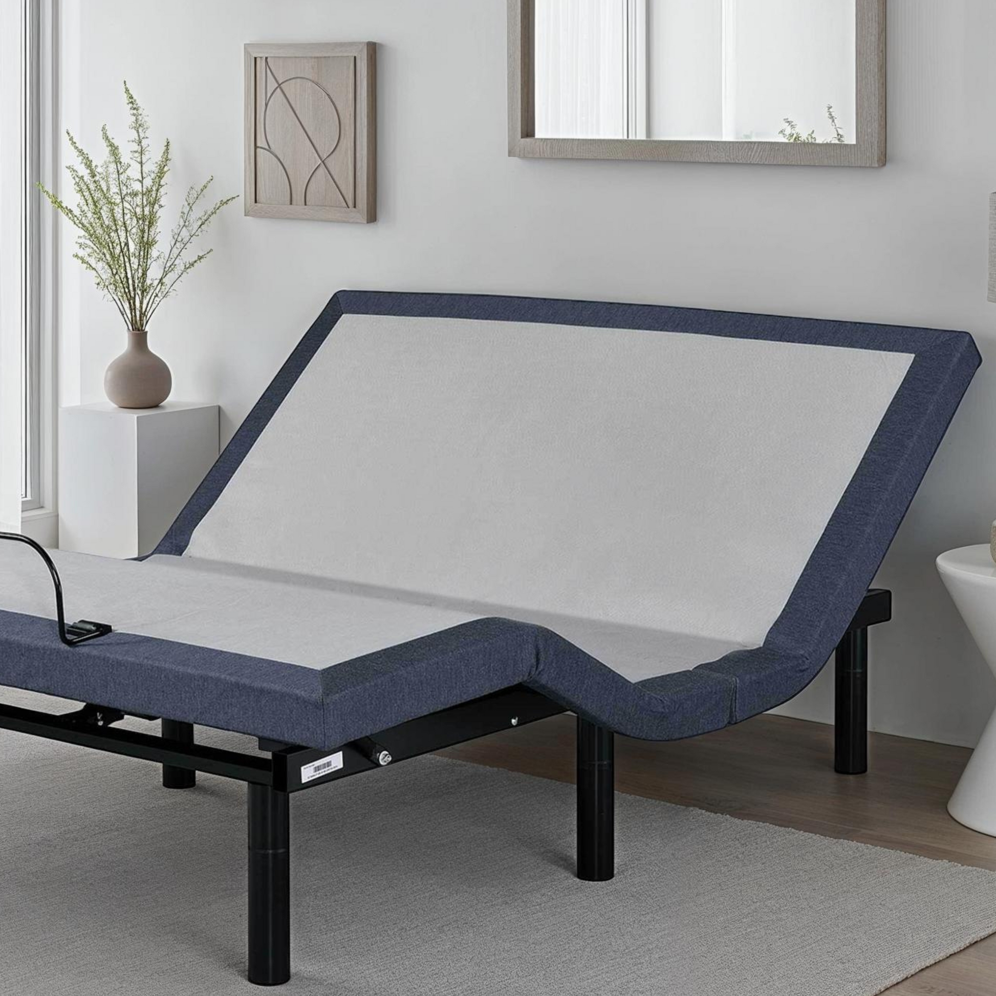 Queen adjustable bed base with massage and head-foot position navy border on Tampa Home & Garden Store