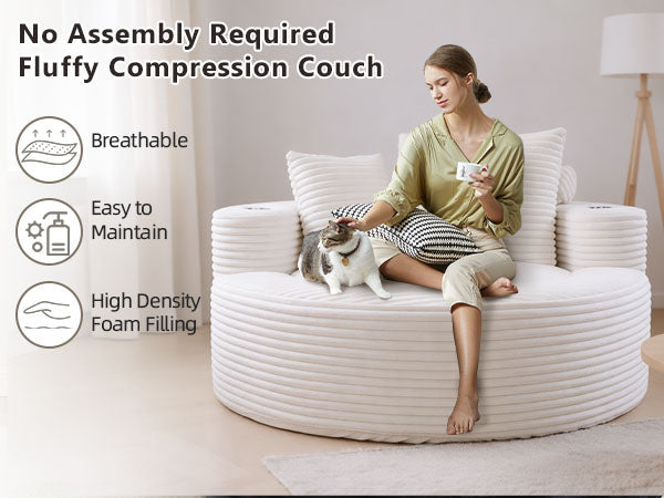 Round memory foam sofa bed in white fabric, circular design, person with cat on rug on Tampa Home & Garden Store