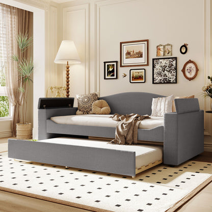 HouseOfZazla upholstered gray daybed with storage armrests and pull-out trundle on Tampa Home & Garden Store
