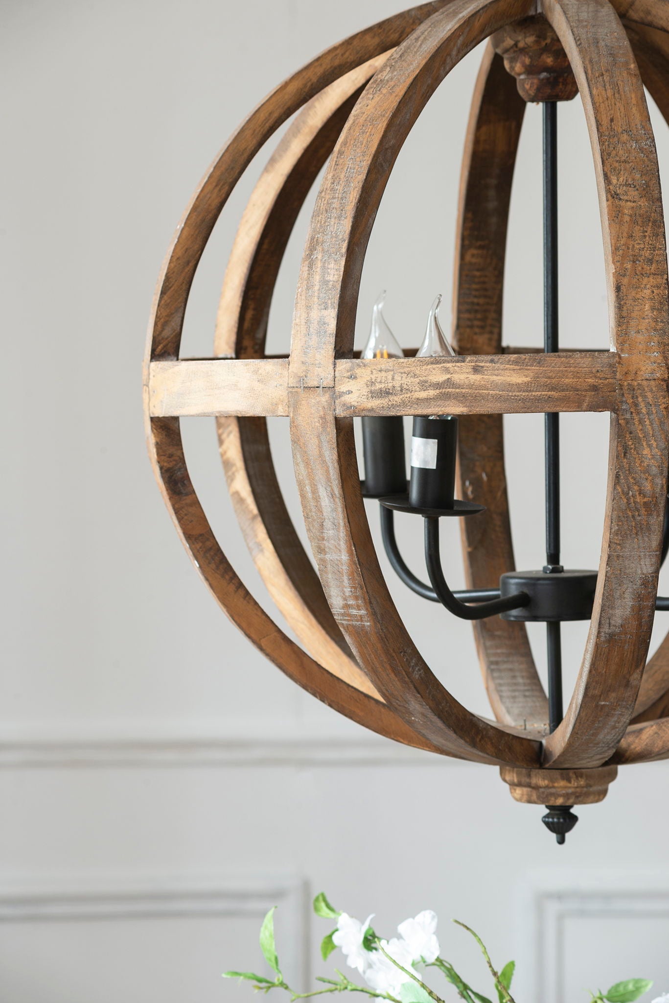 4 Light Wood Chandelier with circular ring frame in brown wood finish and candle-style bulbs on Tampa Home & Garden Store