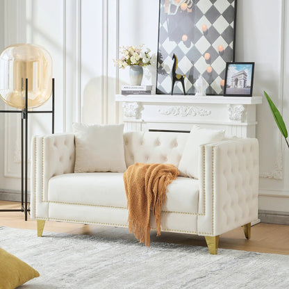 2 Seater Deep Seat Sofa with Button Nailhead and Square Arm in tufted upholstery with brass legs on Tampa Home & Garden Store