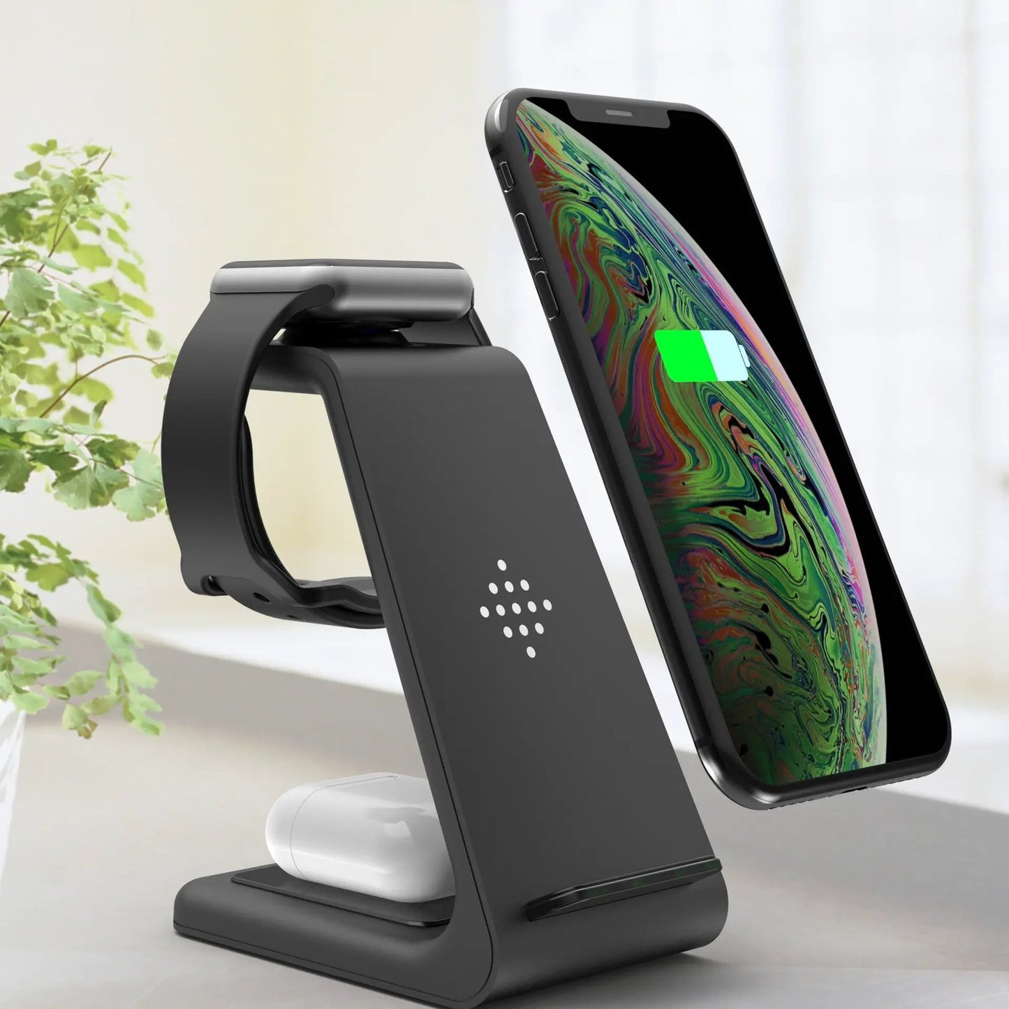 3-in-1 wireless charging station black stand for phone, watch, and earbuds with upright phone holder on Tampa Home & Garden Store
