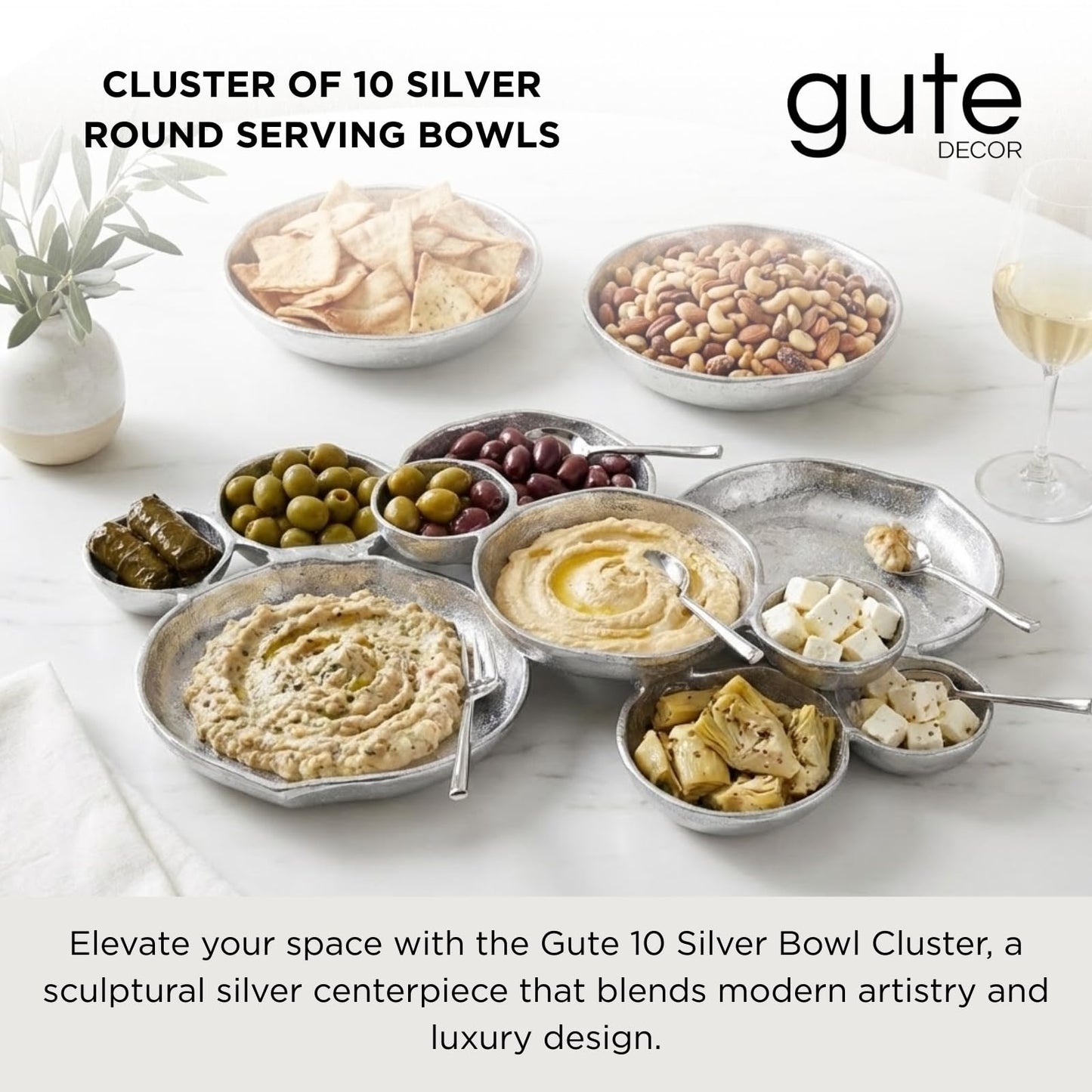 Decorative Cluster of Silver Bowls and Tray