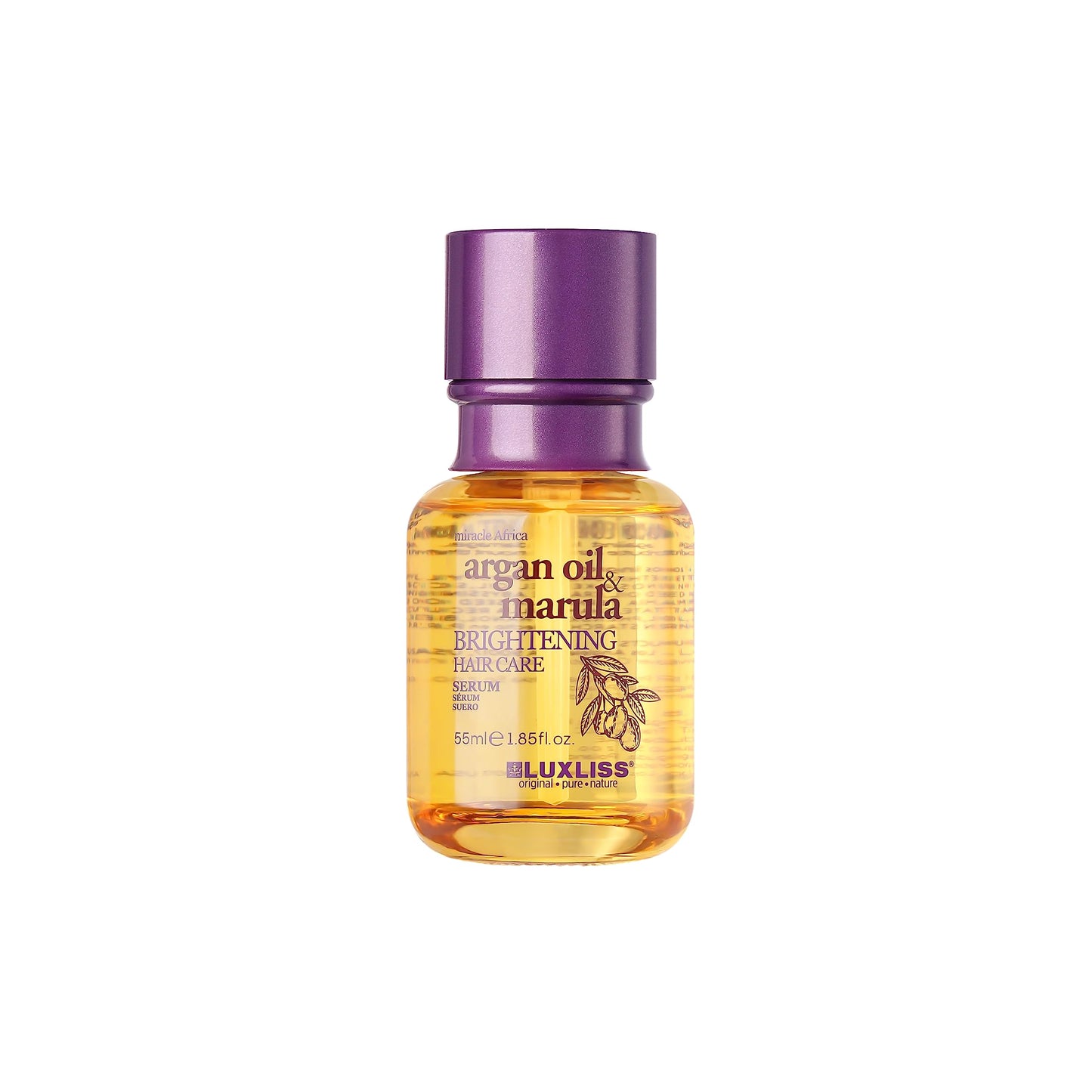 Luxliss Argan Oil & Marula Brightening Hair Care Serum bottle with a purple cap, 55 ml on Tampa Home & Garden Store