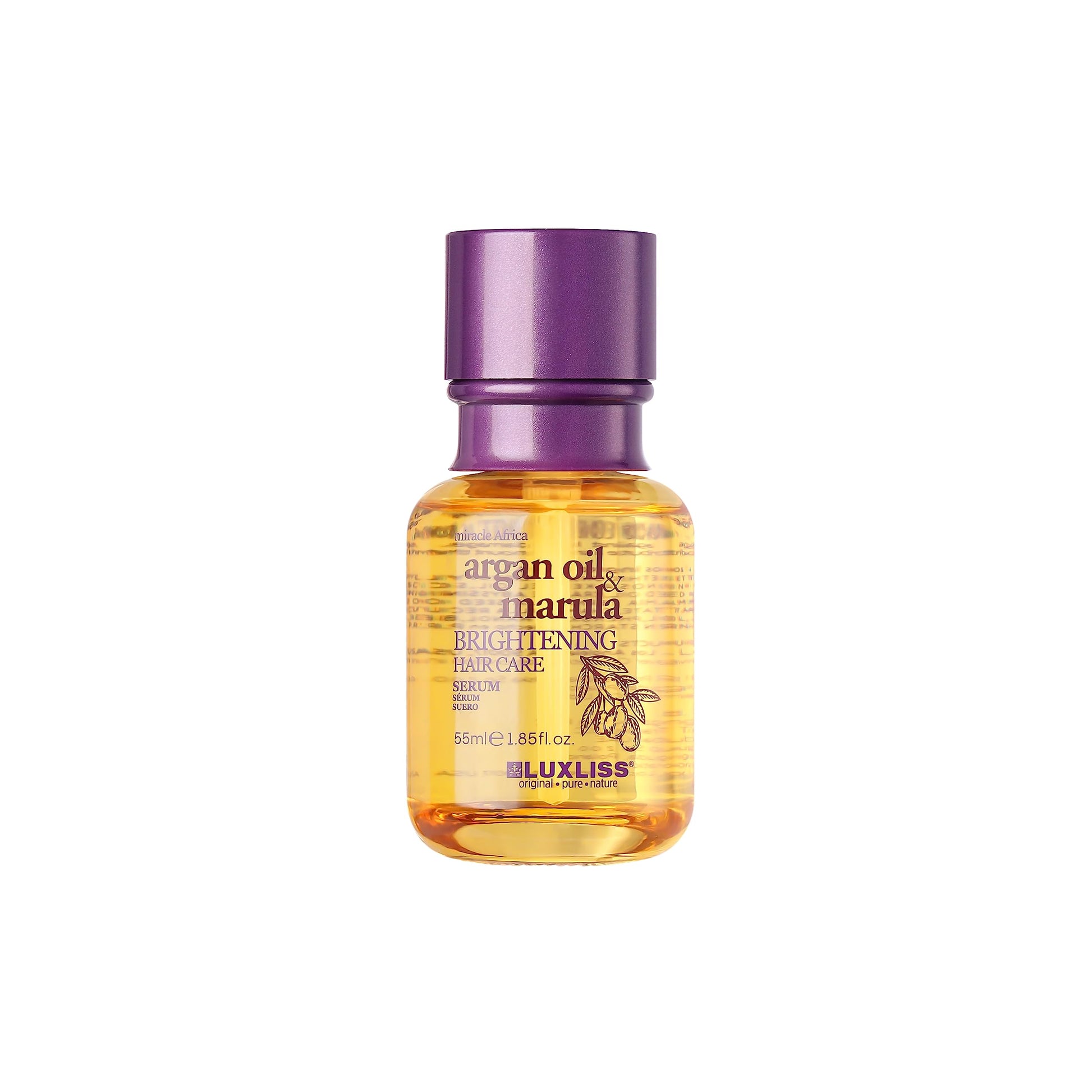 Luxliss Argan Oil & Marula Brightening Hair Care Serum bottle with a purple cap, 55 ml on Tampa Home & Garden Store
