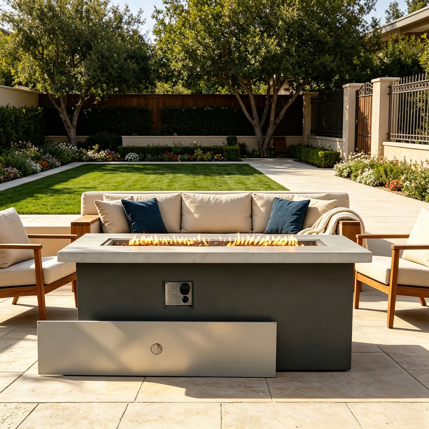 Rectangular Dark Grey Concrete Gas Fire Pit Table