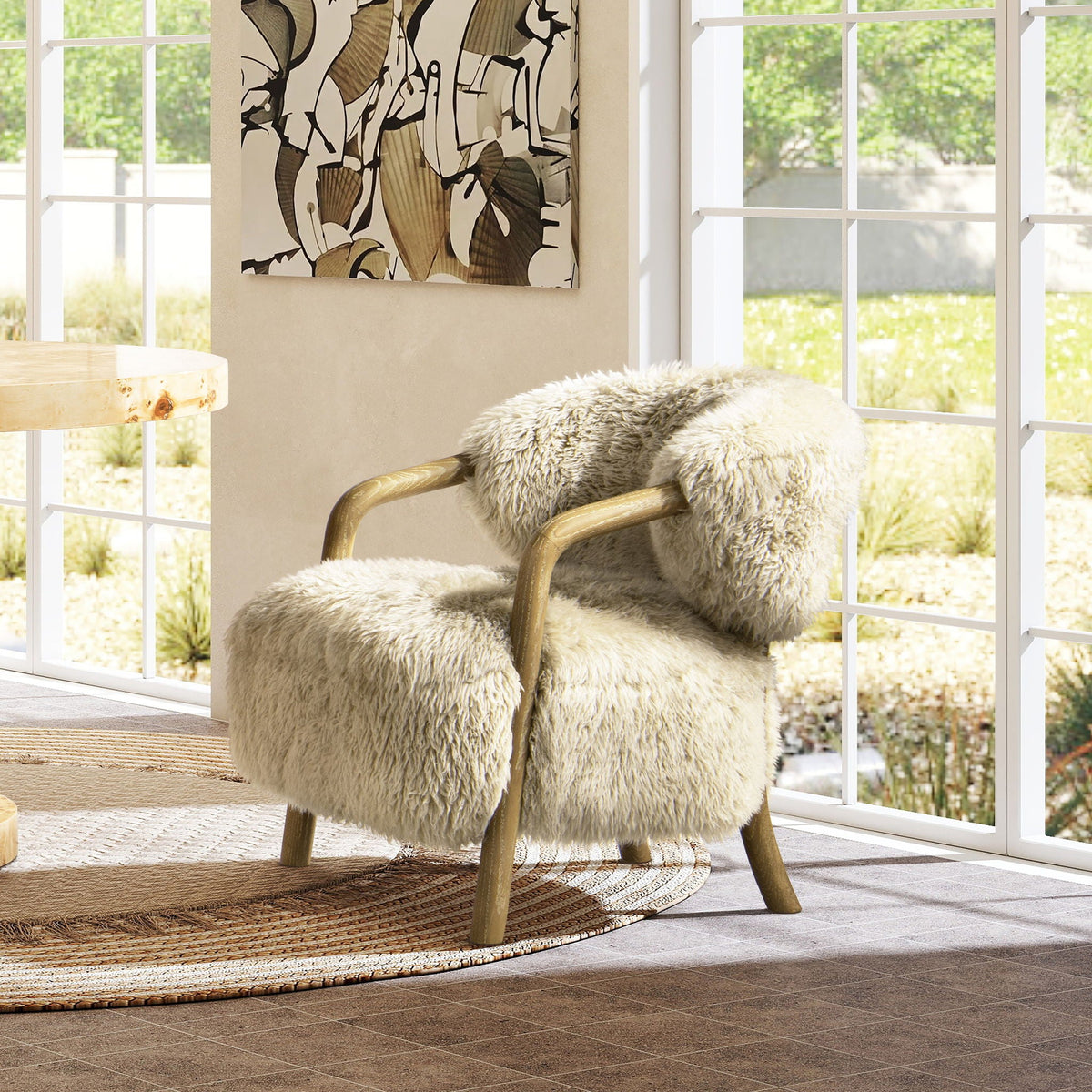 Rustic oak sheepskin upholstered arm chair with taupe upholstery ergonomic comfort HouseOfZazla on Tampa Home & Garden Store