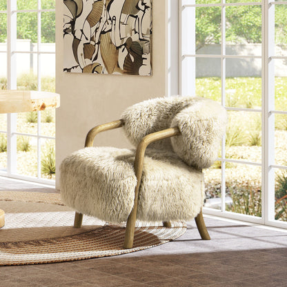 Rustic oak sheepskin upholstered arm chair with taupe upholstery ergonomic comfort HouseOfZazla on Tampa Home & Garden Store