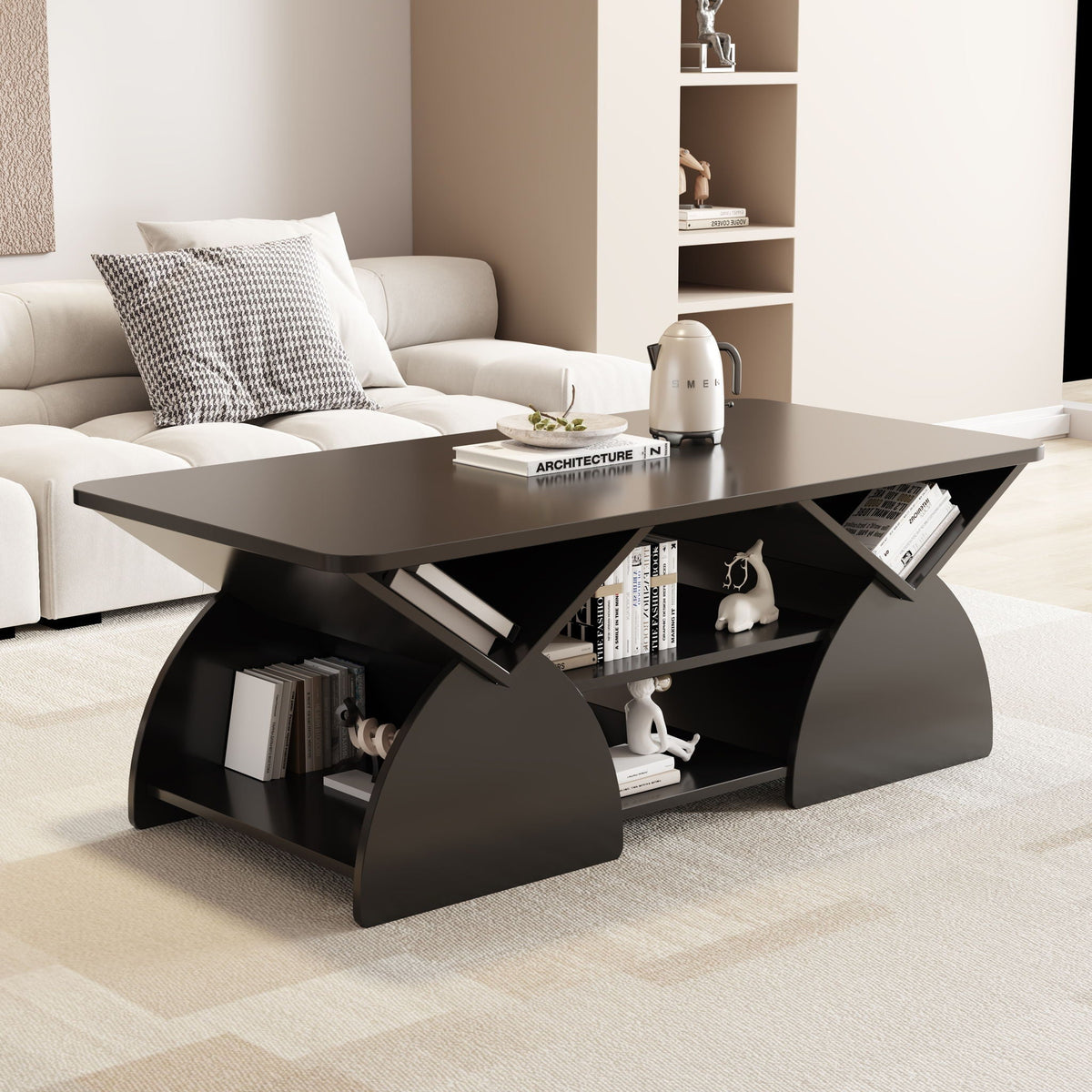 Geometric Engineered Coffee Table with Open Shelves in black finish beside beige sofa on Tampa Home & Garden Store