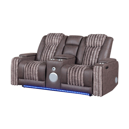 Power reclining loveseat 2-seat brown leather-look with Bluetooth sound and blue LED base on Tampa Home & Garden Store