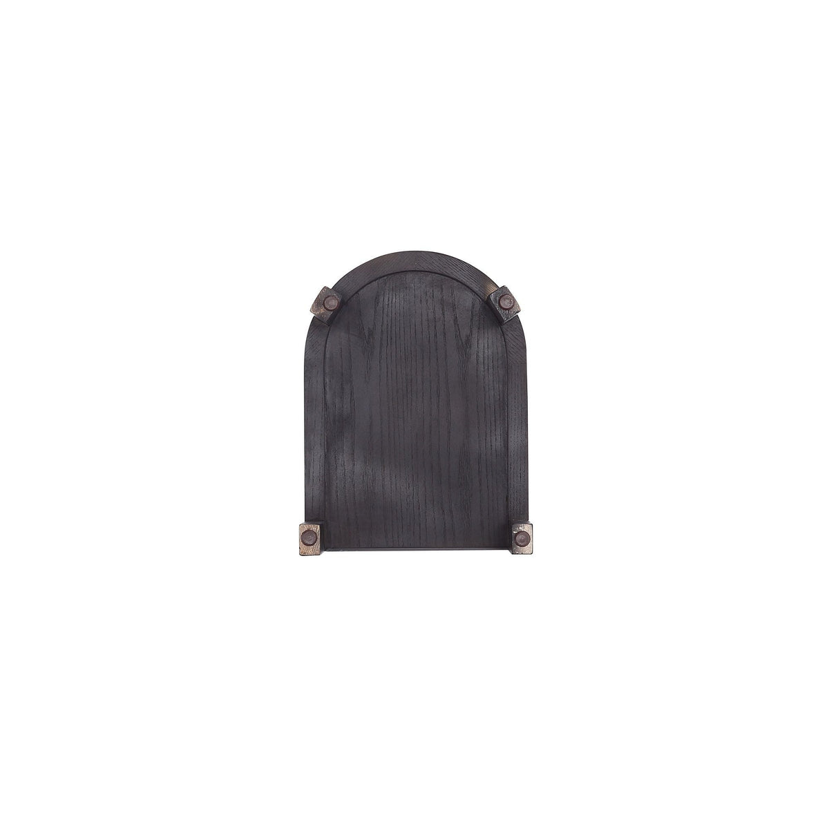 End table round dark wood top with metal corner brackets, partial view on Tampa Home & Garden Store