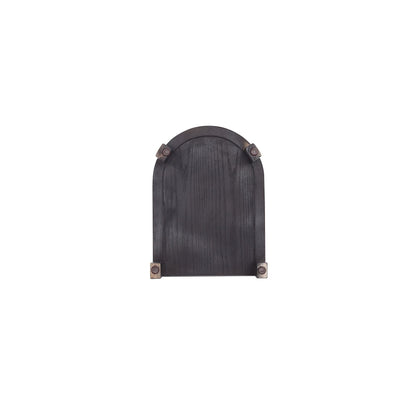 End table round dark wood top with metal corner brackets, partial view on Tampa Home & Garden Store