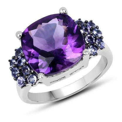 Ring with cushion-cut amethyst centerpiece and tanzanite accents on the sides in sterling silver on Tampa Home & Garden Store