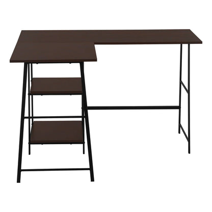 L-shaped corner computer desk with dark wood top, black metal frame, left storage shelves on Tampa Home & Garden Store