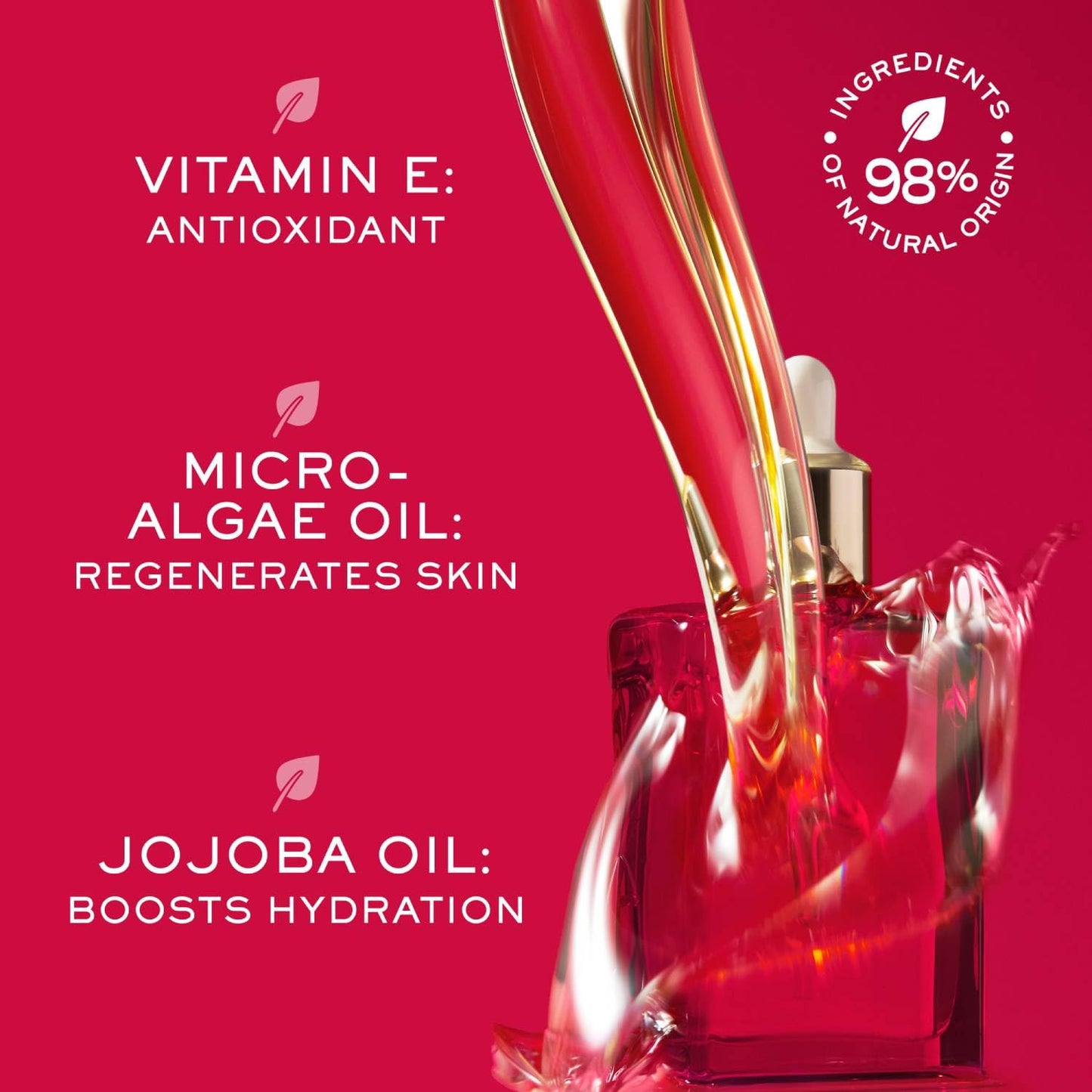 Face serum bottle with red liquid and dropper on red backdrop highlighting vitamin E antioxidant and micro-algae oil on Tampa Home & Garden Store