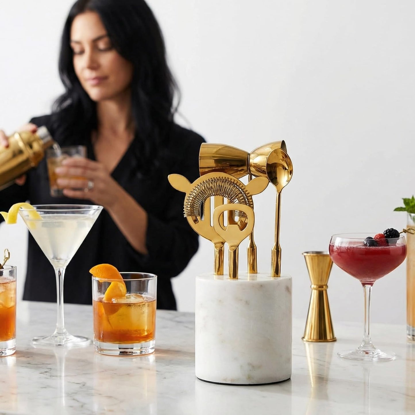 Gold Marble Cocktail Bar Tool Set With the Stand