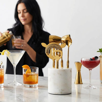 Gold Marble Cocktail Bar Tool Set With the Stand