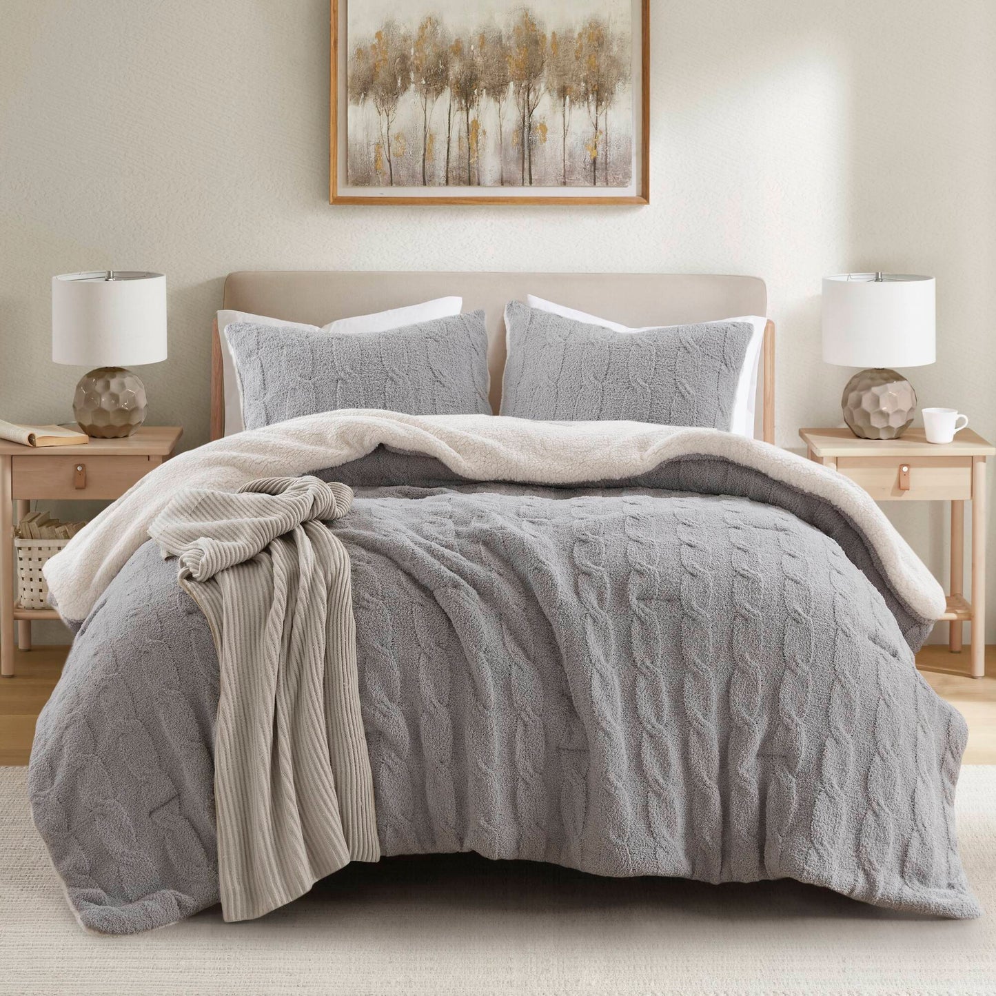 3-Piece Full/Queen Gray Cable Knit Chenille Comforter Set on Tampa Home & Garden Store