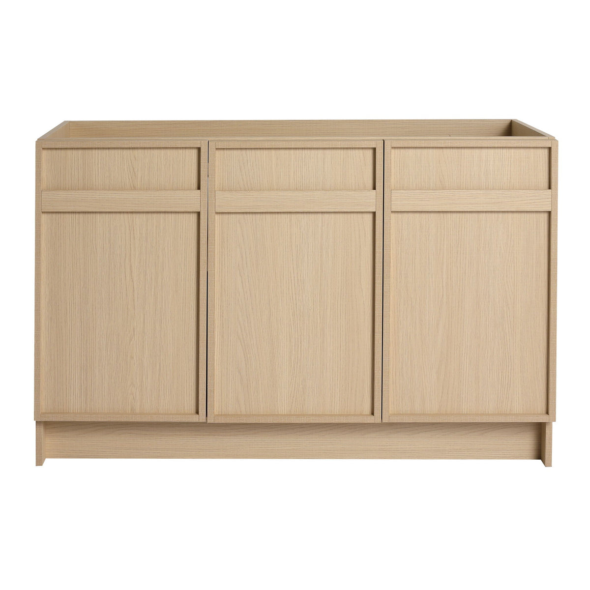 Modern freestanding bathroom vanity in natural oak with cabinet doors and soft-close design on Tampa Home & Garden Store
