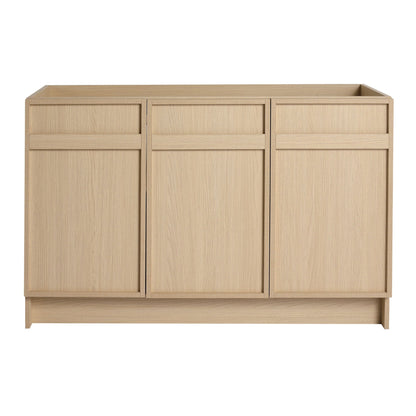 Modern freestanding bathroom vanity in natural oak with cabinet doors and soft-close design on Tampa Home & Garden Store