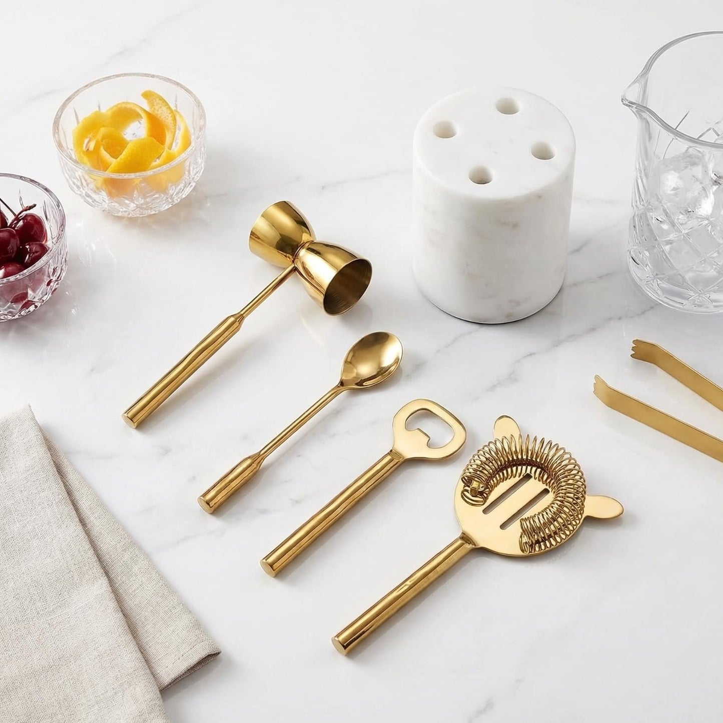 Gold Marble Cocktail Bar Tool Set With the Stand