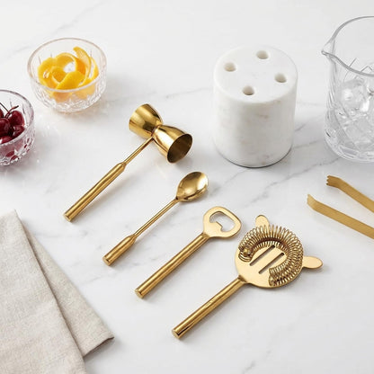 Gold Marble Cocktail Bar Tool Set With the Stand