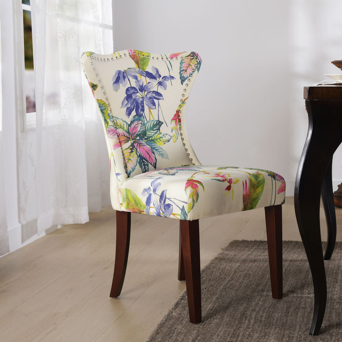 Off-White Floral Upholstered Armless Chair with hardwood frame and nailhead trim, print on Tampa Home & Garden Store