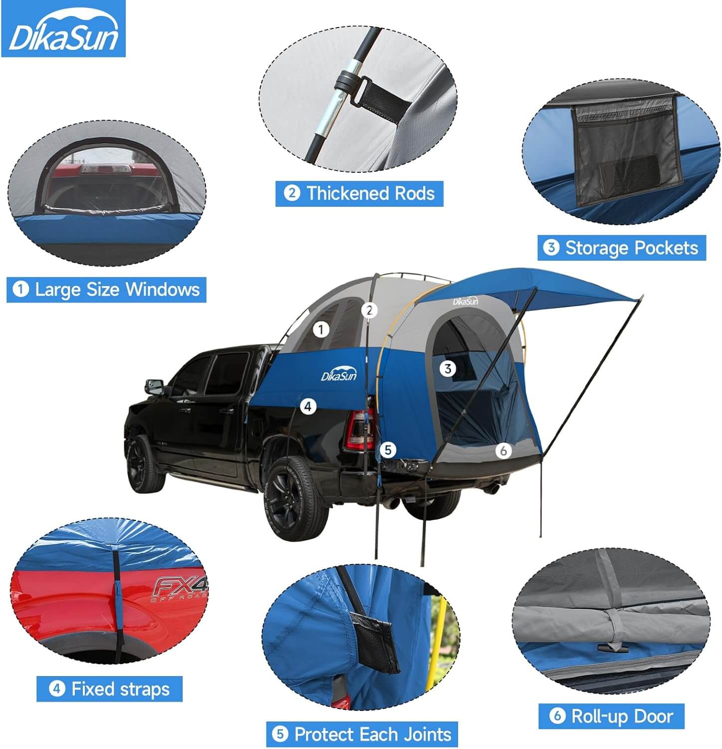 Truck bed tent by Dikasun Outdoor in blue with awning for 5.5–6.7 ft beds on Tampa Home & Garden Store