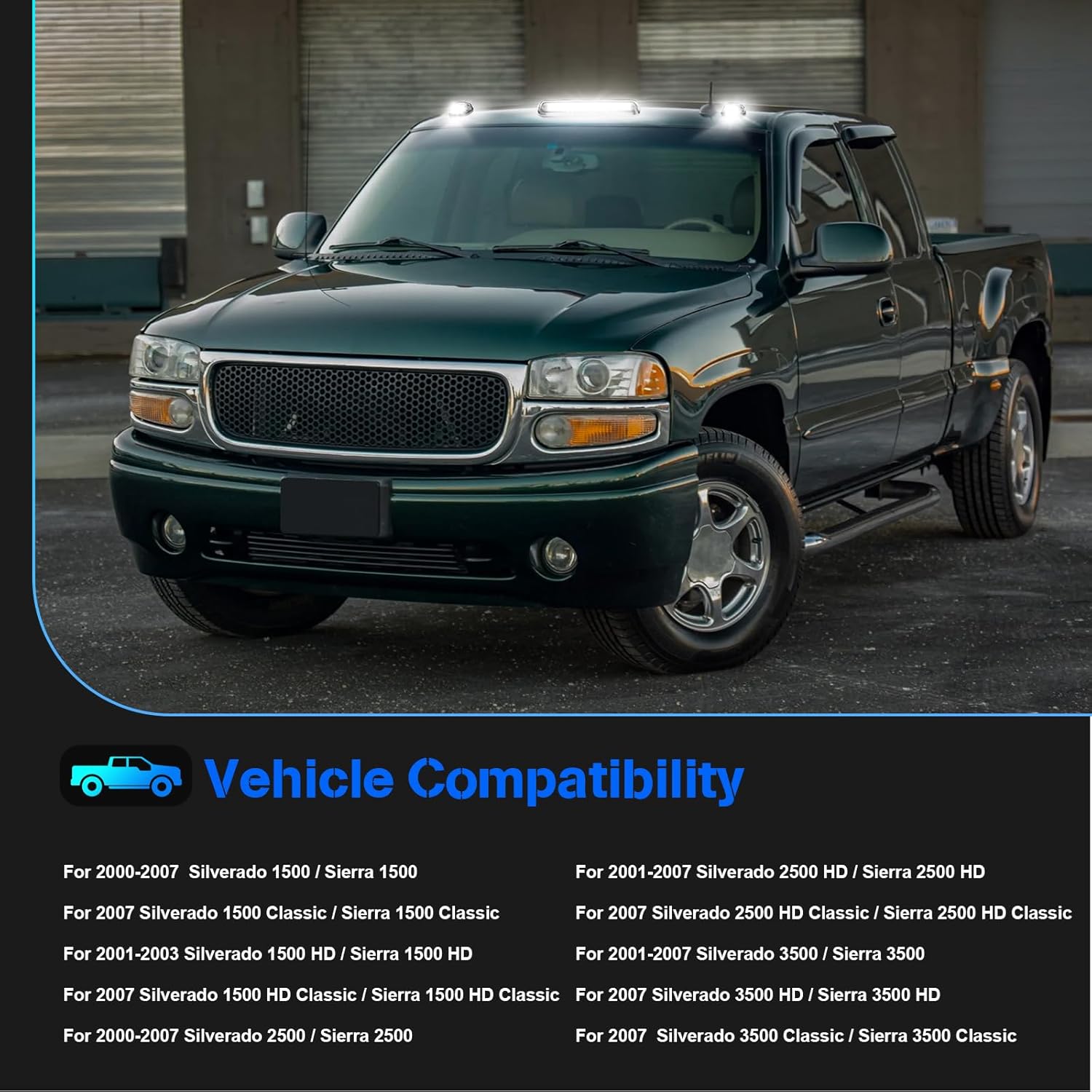2000-2006 GMC Chevy HD Smoked White Amber LED Roof Cab Lights AutoLEDTech.com cab lights on Tampa Home & Garden Store