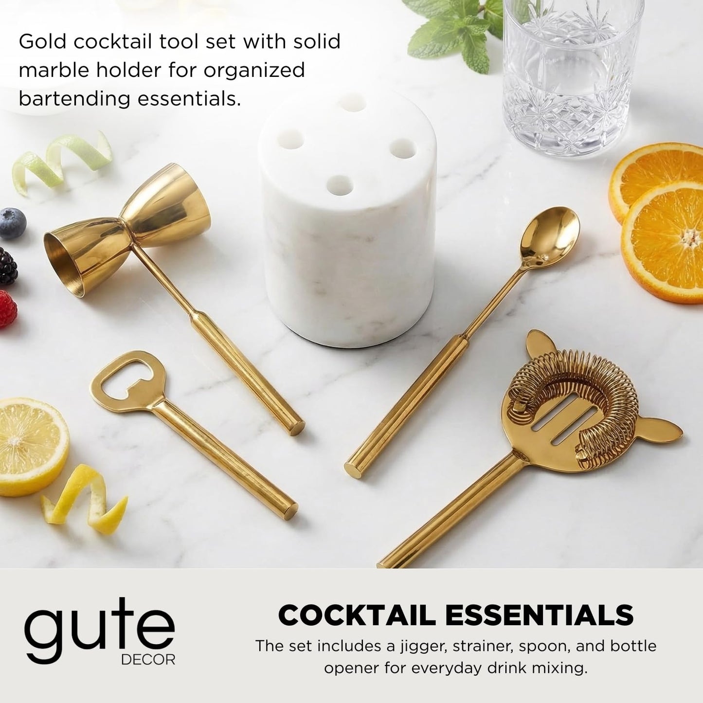 Gold Marble Cocktail Bar Tool Set With the Stand