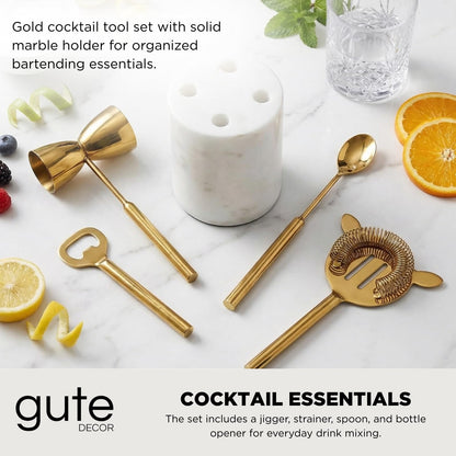Gold Marble Cocktail Bar Tool Set With the Stand