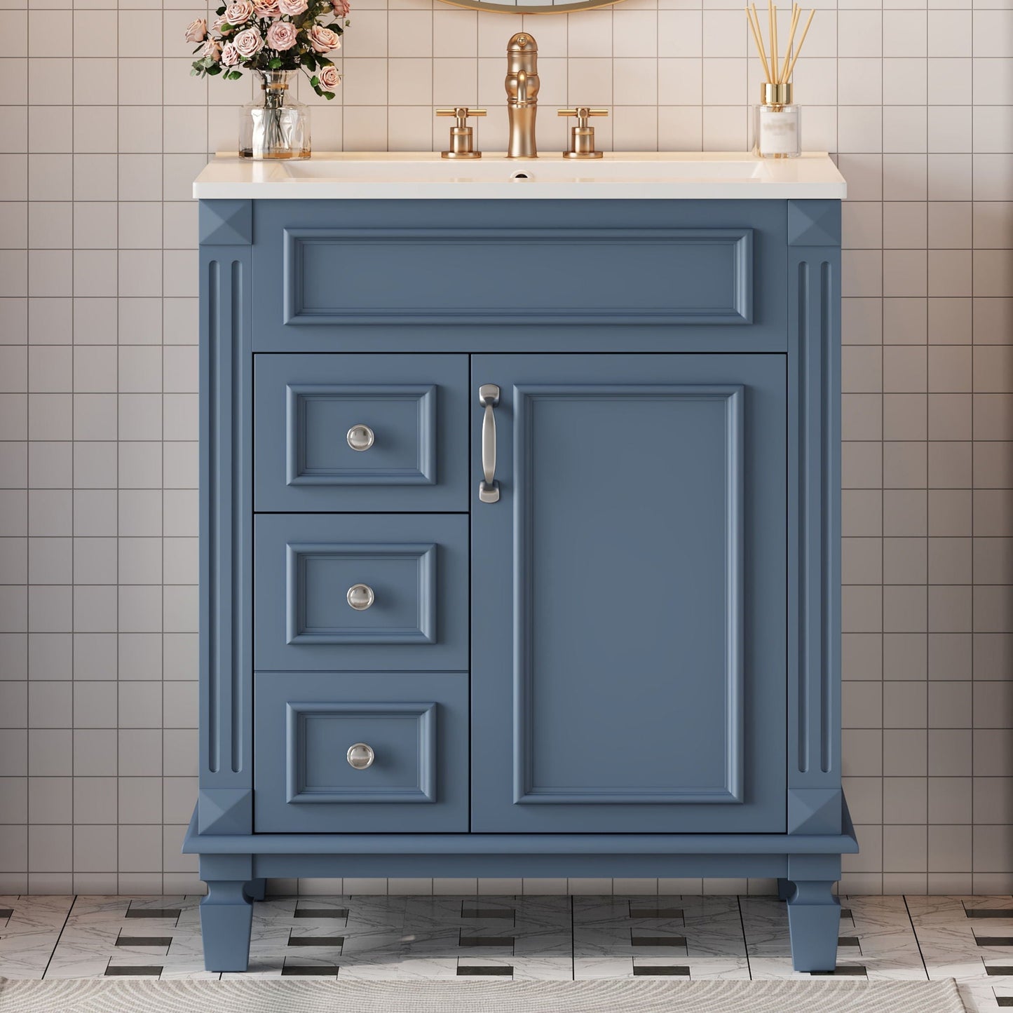 Blue bathroom vanity with white sink, compact cabinet with 2 drawers and adjustable shelf on Tampa Home & Garden Store